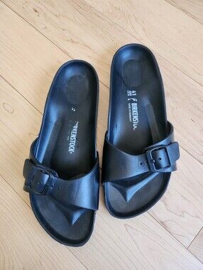 Birkenstock Madrid Essentials Black Slip-On Single Strap Buckle Slides EU41